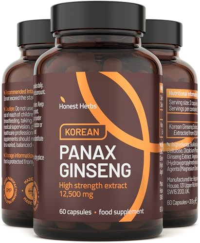 Ginseng Kapseln - Roter Panax Ginseng Extrakt 12.500 mg pro Tagesdosis - Echter Koreanischer Wurzel mit 20% Ginsenoside - 60 Tabletten - Hochdosiert - Laborgeprüft - Vegan