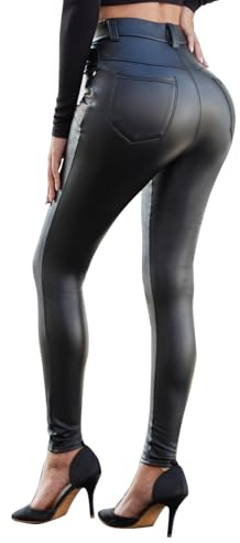 North Bund Women's Faux Leather Thermal Leggings High Waist Leather Trousers Winter Tights Leather Leggings Trousers Sexy Stretch Hip High Push Up Treggins Thermal Leggings S-XXL, black, M