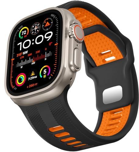 Dirrelo Armband kompatibelt med Apple Watch Ultra 2 49 mm 46 mm 45 mm 44 mm 42 mm 26 mm brett tvåfärgat mjukt sportarmband i silikon för iWatch SE Ultra 2 Series 1-10, svart/orange