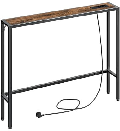 MAHANCRIS Konsolentisch mit Ladestation, 100 cm Eingangstisch, Schmaler Beistelltisch, Flurtisch mit Steckdosen und USB-Anschlüssen, für Wohnzimmer, Schlafzimmer, Vintagebraun und Schwarz ACTHR968UE01