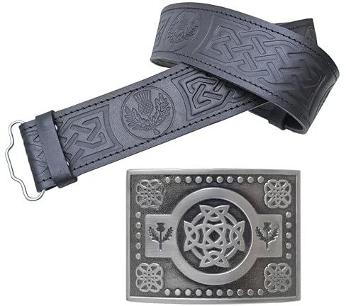 Juego de cinturón y hebilla de cuero, cinturón en relieve de cardo escocés con hebillas celtas antiguas de la trinidad hecha a mano, cinturones de falda escocesa para hombre, Nudo celta de cardo,
