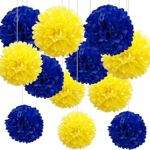 12 Stück Gelb und Blau Papier Pompons,Seidenpapier Pom Poms für Gelb Marineblau Geburtstag Party Deko