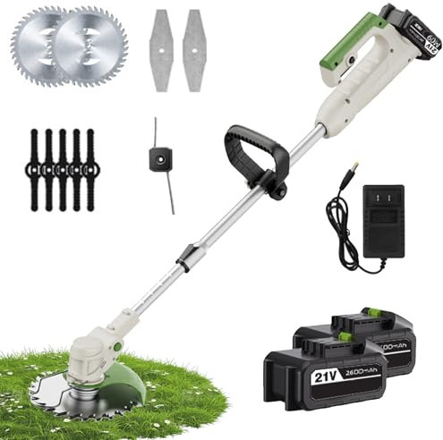 Cortabordes Inalámbrico – Desbrozadora Eléctrica Telescópica con 2×2600mAh Baterías, 3 Tipos de Cuchillas, Recortadora Ligera for Jardines, Cuidado del Césped & Poda de Malas Hierbas