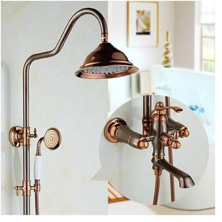 water-tap Antique Brass Shower System With Tub Spout, Brown Bronze Shower Faucet Set Complete, Rain Shower Head With Handheld Spray, Shower Fixture Set, Dual Shower Head, Wall Mounted Shower Set
