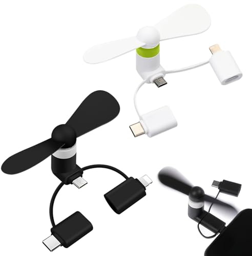 TUKNN Ventole per Telefoni, Mini Ventilatore Portatile 3 in 1 USB per Casa, per Telefoni Android/USB di Tipo C, 2 Pezzi(Bianco+Nero)