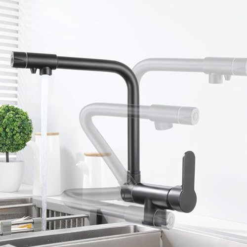 Küchenarmatur, 3-Wege-Drehgelenk, heißes und kaltes Wasser, gereinigtes Wasser, 3-in-1-Küchenarmaturen aus Messing, Schwarz