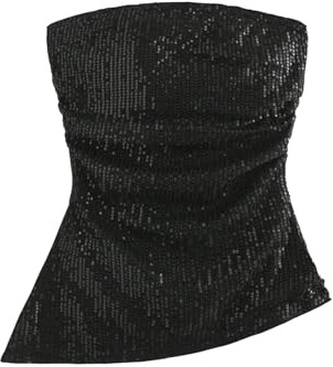 SOLY HUX Women's Sequin Tube Tops Sparkly Strapless Sleeveless Bandeau Split Asymmetric Hem Top Party Clubwear Plain Black Small