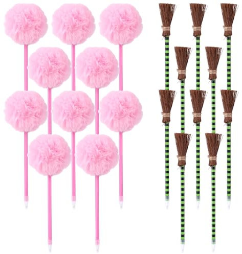 SAVITA 20 Uds Bolígrafos Princesa y Bruja, Bolígrafos con Pompón Rosa Escoba Suministros para Fiesta de Bruja y Princesa para Decoración de Fiesta Regalo