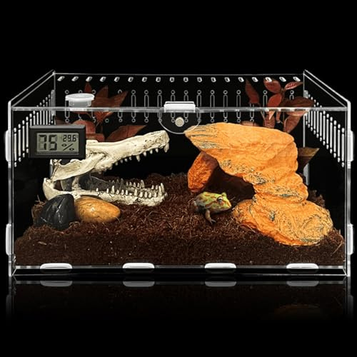 Reptil foderlåda, 30 x 20 x 15 cm akrylterrarium med elektronisk hygrometer, sniglar terrarium, reptilutfodringslåda, reptiler terrariumlåda för minidjur, insekter, gecko, akvarium