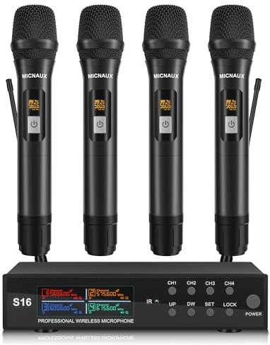 MICNAUX Wireless Microphone System, Pro 4 Channel UHF Mics Set with Metal Cordless Handheld Mics & Receiver, 200 Adjustable Frequency, 300ft Range for Singing, Church, Karaoke, Party