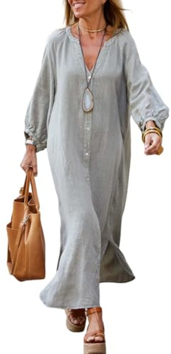 Robe chemise boutonnée en lin de coton à manches longues pour femmes - Robe longue maxi pour la plage et l'été, gris, Taille L