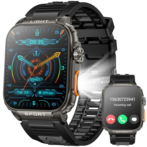 Montre Connectée Homme avec Appel Bluetooth: 1.91 Militaire Smartwatch avec Lampe de Poche LED Montre Fitness homme 100 Modes Sportif Moniteur de Sommeil Podometre Montre Intelligent pour Android iOS