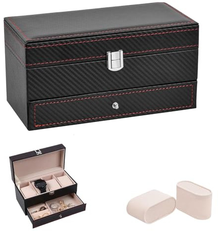 ERFGT Boîte à Montres à 2 Niveaux, Ecrins pour Montres, Coffret à Montres, Boîte à Bijoux Rangement pour Hommes et Femmes, Boite Rangement pour Bracelets, Diamants, Broches (Noir)
