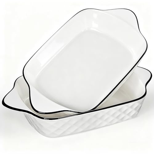 Lasagna Baking Dish Set, Ceramic Rectangular Dishes with Heat-Resistant Handles Hioph, Oven Safe, 2 Pack Diamond Pattern
