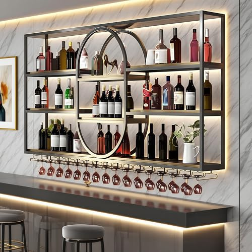 FKKPRVAX Botellero Vino Pared Moderno, portabotellas Colgante de Metal de 4 Niveles con Soporte para Copas, Moderno Estante Flotante para decoración de hogar, Bar, Comedor (Negro, 140CM)