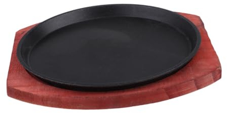 WATIIFUFU Piastra in Ghisa Rotonda Antiaderente Base in Legno per Bistecca e Fajita Piastra per Cucina a Induzione e a Gas per Grigliare Carne e Pollo Casa