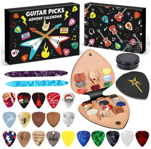 Calendrier de l'Avent pour guitare, calendrier de l'Avent avec médiators de guitare, compte à rebours de 24 jours avec 22 médiators, support de médiators, boîte en métal, pour guitare, basse et