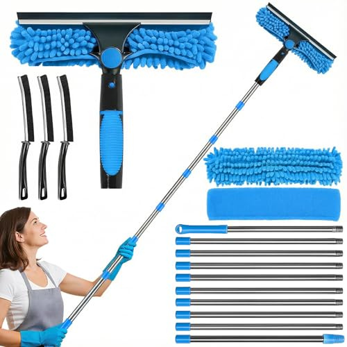 4.5M Window Cleaning Kit, Extra Long 2-in-1 Extendable Window Cleaning Equipment with Microfiber Cloth Squeegee Strips for High Windows, Walls & Cars (blue)
