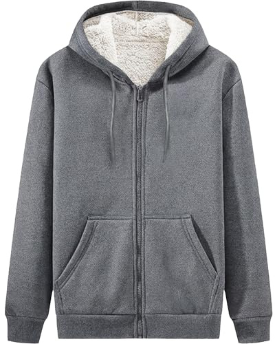 WJL WHISPERING JONES LONDON Mens Classic Hooded Sherpa Fur Lined Padded Fleece Jacket Hoodie Full Zip Menswear Hiking Warm Outdoor Coat S-XXL, Charcoal, XXL