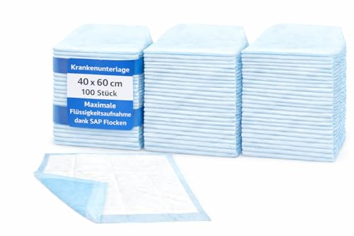 BUXMED 100 Stück Einweg Krankenunterlage und Inkontinenz Bettunterlage 40 x 60 cm, saugstark, 5-lagig, Wochenbetteinlagen, Wickelunterlage, Betteinlagen bei Inkontinenz, wasserdicht