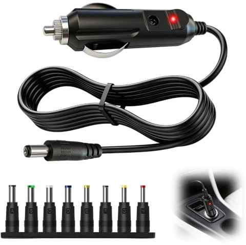 Snugloo 12V 5A Adaptador Coche Universal DC 5,5x2,1 mm con 8 Conectores | Cargador Mechero para GPS, DVD, Cámara, Tableta, LED, Monitor, Compatible con Coche, Camión, Autocaravana, Cable de 1,2 m