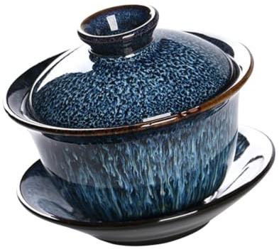 AMUSLESUR Juego de Sopera de Cerámica Azul Vintage con Tapa, Taza de Té de 140ml, Diseño Retro Delicado, Adecuado para Viaje y Oficina