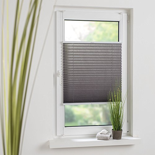 Liedeco® Plissee verspannt mit Klemmträger / 45x150 cm (Breite x Höhe) grau/lichtdurchlässig Blickdicht stufenlos verstellbar/leichte Innen-Montage ohne Bohren / 123 montiert/farbig zum Klemmen