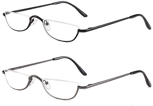 KoKoBin 2 Pack Unisex Lesehilfe Half Moon Halbrandrahmen aus Metall Federscharnier ultradünne Lesebrille +1.5