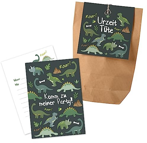 12x Dinosaurier Einladungskarten + Partytüten - Set / Dino Party Einladungskarten Dino Kindergeburtstag Partytüten Kindergeburtstag Dino Partytüten Kindergeburtstag Einladungen Dino Geschenktüten