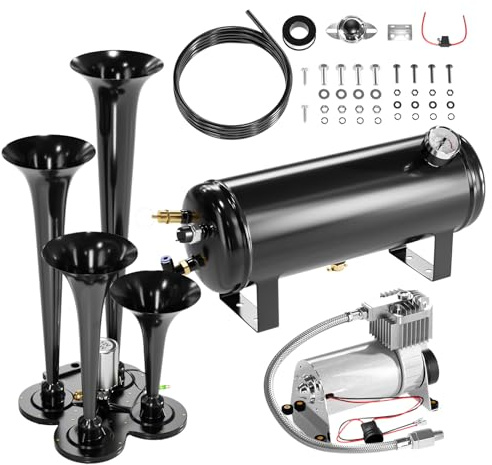 150DB Train Air Horn Kit, 4 Horn Kits for 150 PSI 12V Air Compressors, Ultra Loud Air Horn With Built-in 90-120 PSI Pressure Switch and Temperature Controller for Truck Complete Kit, Black 1.59 Gallon