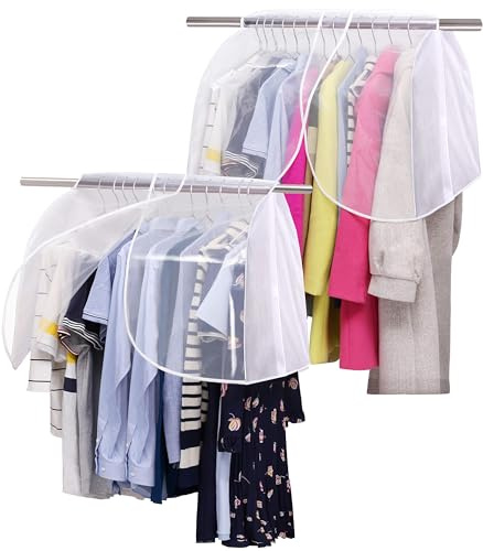 MISSLO Kleiderständer mit Abdeckung zum Aufhängen von Kleidung, Kleiderschrank, Aufbewahrung mit transparenten PVC-Fenstern, Kleiderstangenabdeckung, staubdichte Mäntel, Anzüge Jacken, 2 Stück, weiß