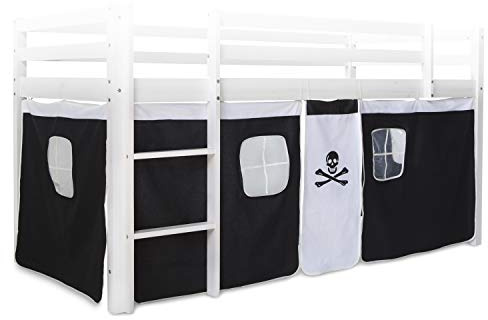 Homestyle4u Pirat Hochbett Bettvorhang aus 100% Baumwolle - 90x200 cm | Bettumrandung in Schwarz-Weiß mit Fenster für Kinderhochbetten - 3-teiliges Set, Höhe 75 cm, einfache Befestigung