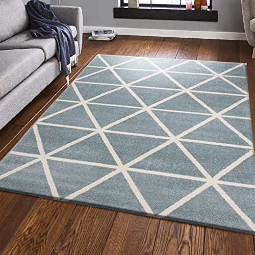 VIMODA Teppich Kurzflor Pastellfarben Weiss Rauten Design Robust in versch. Farben, für Wohnzimmer, Schlafzimmer, küche, Farbe:Blau, Maße:80x150 cm