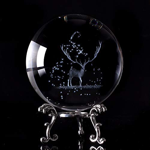 caihuashopping Fotokugel 3,15 Zoll 3D elk kristall Kugel Laser graviert Tier Glas kugelkugel Miniatur Modell wohnkultur Geschenk Ornament Glaskugel Fotografie (Color : with Silver Base, Size : 80mm)