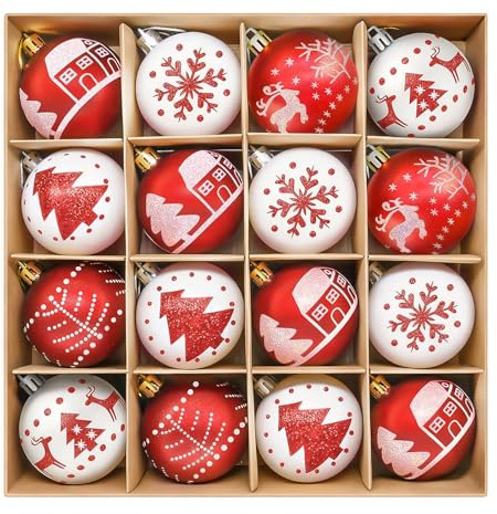 ZOOI Weihnachtskugeln Kunststoff Set Rot Weiß, 16 Stücke 6CM Christbaumkugeln Deko Weihnachten, Weihnachtsbaumschmuck mit Aufhänger Bruchsicher, Weihnachtsdeko Aussen Innen, Plastik