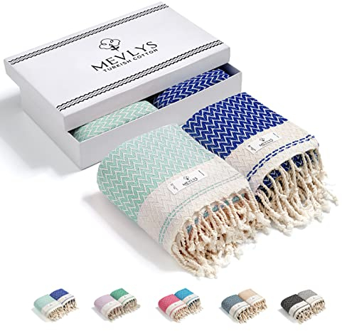 MEVLYS Saunatuch Hamamtuch [2er Pack] Strandtuch Saunahandtuch Badetuch Duschtuch Strandhandtuch Picknickdecke Yogatuch Baumwolle Extra Leicht Damen&Herren (Mint/Sax Blau)