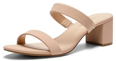 DREAM PAIRS Women's Two Strap Open Toe Low Block Chunky Heels Sandals Dress Pumps Casual Summer Mules Shoes,Size 9,Nude-Nubuck,DHS213-1