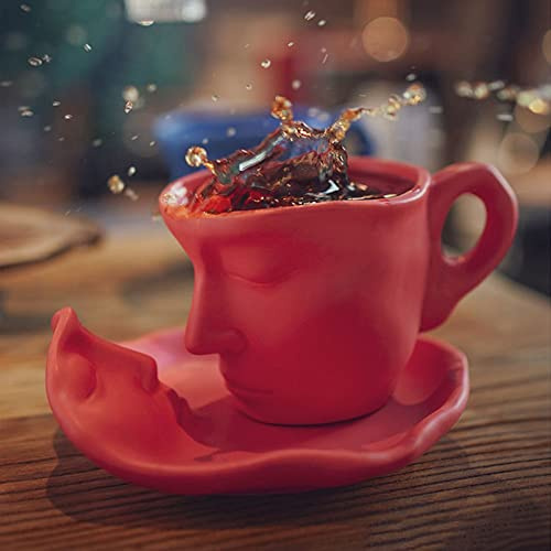XIUWOUG Tasse mit Gesicht,Gesicht Kaffeetassen Set mit Untertasse,Kaffeetassen mit Gesicht,Keramik Tassen mit Unterteller,260 ml,Rot