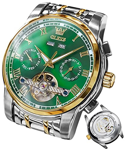 OLEVS Herrenuhren Automatik Grün Mechanische Armbanduhr mit Tourbillon Kalender Wasserdicht Leuchtende Zweifarbige Uhren Männer