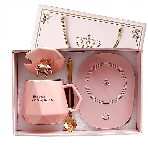 Kaffeewärmer für den Schreibtisch, mit Becher-Set. Tassenwärmer Teewärmer, elektrischer Getränkewärmer, Getränkewärmer für Kakao, Tee, Milch. Geschenk für Frauen, beste Freundin, Geburtstag, Rosa