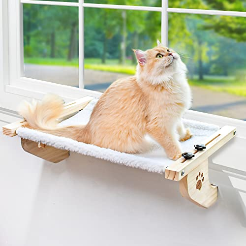 AMOSIJOY - Sturdy Window Hammock with Wooden and Metal Frame for Large Cats, Easy to Adjust for Windowsill, Bed Side, Drawer, Closet (62cm, White Plush Fabric) | Solid Wood Frame, Easy to Adjust, Washable Berber Fleece Cover, No Suction Cups Cat Window Seat for Windowsill, Bedside
