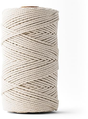 LEDENT Makramee Garn (3mm, 120M, Natur) - Doppelt gedrehtes Seil aus 100% Recycelter Baumwolle zum Basteln - Dickes Makramee Garn für kreative Projekte