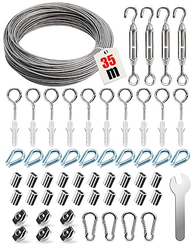 Angooni 65 pcs Stahlseil Kit, 35 m Edelstahl Drahtseil, Spanndraht Seilspanner 304 Edelstahl Kit, Stahlseil Ummantelt mit ösen, Rankhilfen für Kletterpflanzen, Wäscheleine, Lichter Hängen