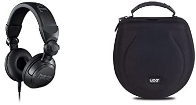 Technics EAH-DJ1200EK Over Ear Professional DJ Wired Headphones, 270° Swivel Housing and Locking Detachable Cord with Lightweight - Black & UDG Creator Headphone Case Large Black U8200BL