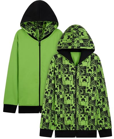 Minecraft Kapuzenpullover Jungen, Creeper Wendejacke Hoodie Jungen 5-14 Jahren mit Reißverschluss - Geschenke für Jungs (Grün, 7-8 Jahre)