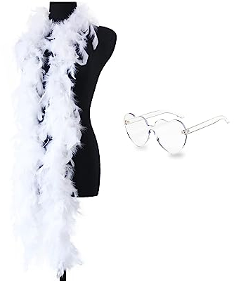 Regenbogen-Federboa, 200 cm, rosa Federboa, Federboa und Herzbrille, Anzug für Weihnachten, Halloween, Tanzen, Hochzeit, Party und Cosplay (weiß)