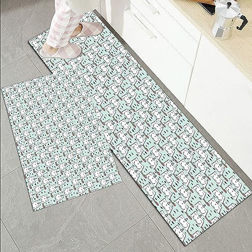 Küchenläufer Küchenmatte 2 Stück 45x70cm+45x120cm,Katze, handgezeichnete Sterne gefüllt Hintergrund Feline mit Einhorn H,Rutschfest Pflegeleicht, Anti-Müdigkeit Küchenteppich Teppich Läufer für Küche