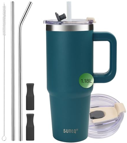 SUNTQ Bicchiere 40 once con manico, bottiglia d'acqua isolata sotto vuoto a doppia parete con cannuccia e coperchio, tazza da caffè da viaggio in acciaio inossidabile, tazza termica riutilizzabile