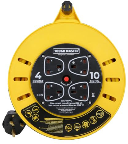 TOUGH MASTER 4 Socket Cable Reel Extension Lead, 13A Heavy Duty Four Extension Cable Reel with Thermal Cut Off for Garden Lawn Mover Home & Office (10 Metres)