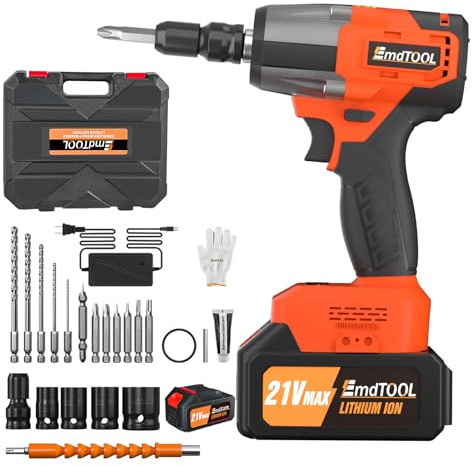 21V Cordless Impact Wrench Car Repair Wheel Nut Gun Electric 420 N.M High Torque Impact Wrench Power Wrench Electric Cordless Driver with 4 Sockets + 12 Driver Bits+ 6.0AH Battery (Orange, 1x Battery)